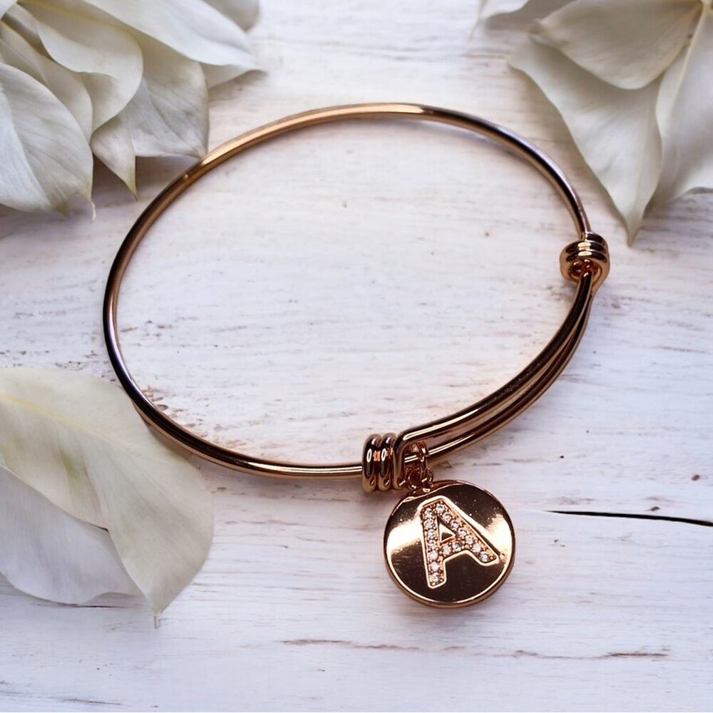 14 K Rose Gold  Plated & Crystal Disc Initial Bangle Bracelet “A”